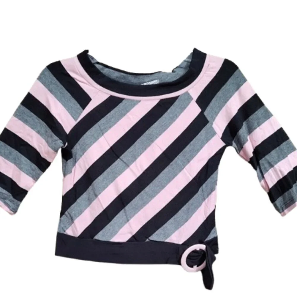 Amy Byer Girls Medium Size 8-10 Y2K Punky Shirt Pink Black & Gray Stripes NWT